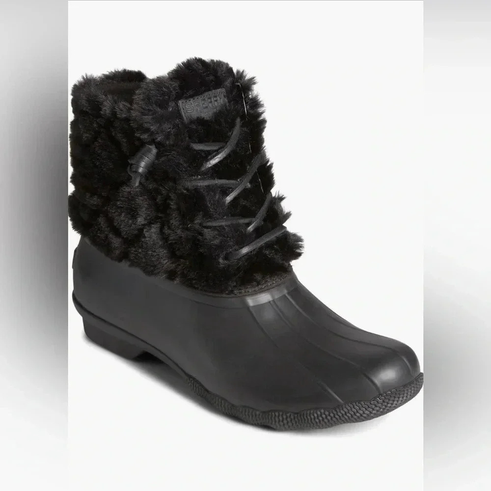 Sperry Saltwater Faux Fur Duck Boots – Black Waterproof Winter Rain Snow